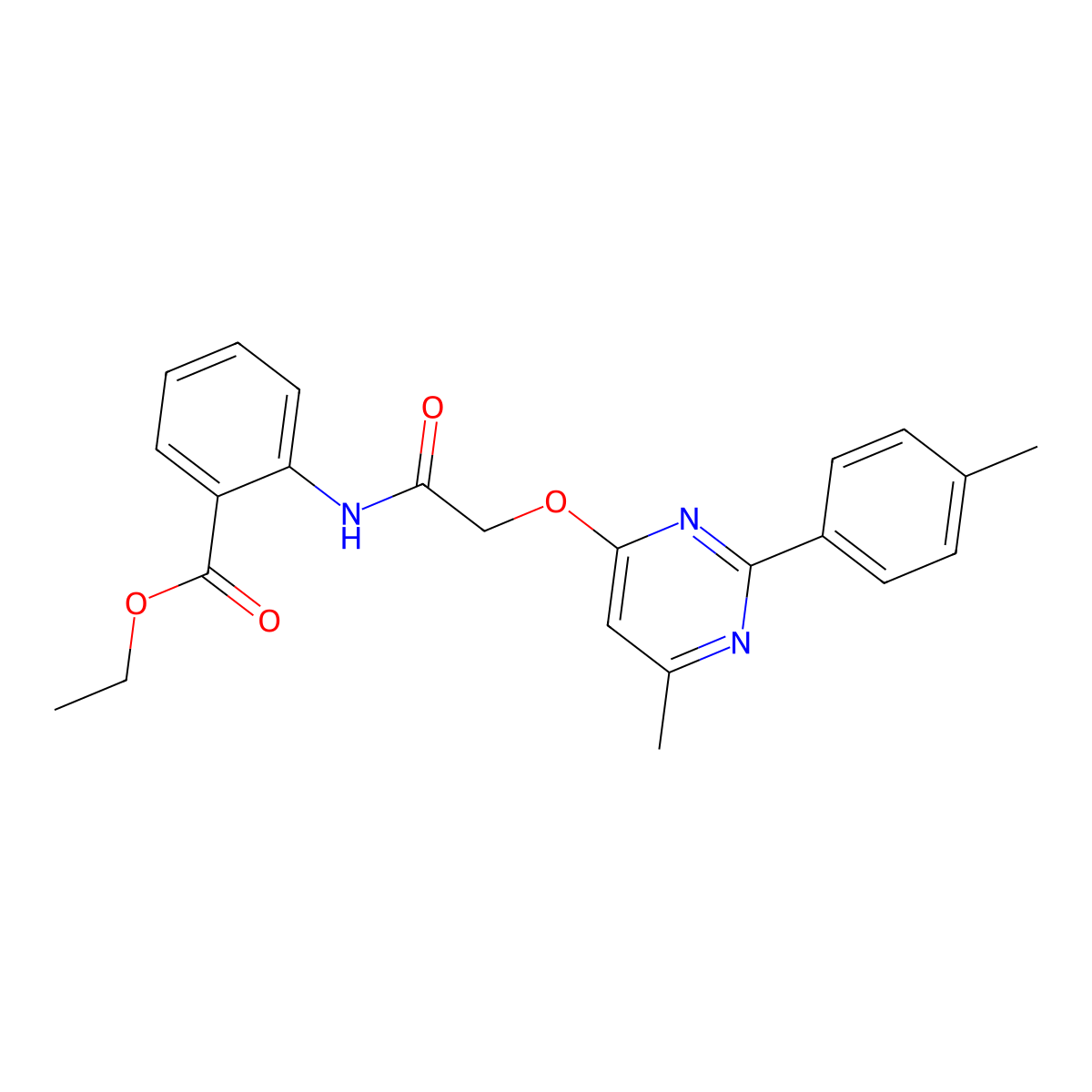 Ethyl 2-(2-((6-methyl-2-(p-tolyl)pyrimidin-4-yl)oxy)acetamido)benzoate molecular structure, CAS 1251625-61-2