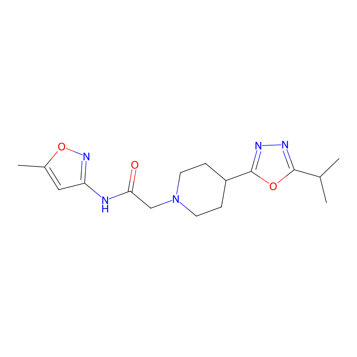 2-(4-(5-isopropyl-1,3,4-oxadiazol-2-yl)piperidin-1-yl)-N-(5-methylisoxazol-3-yl)acetamide molecular structure, CAS 1251625-67-8