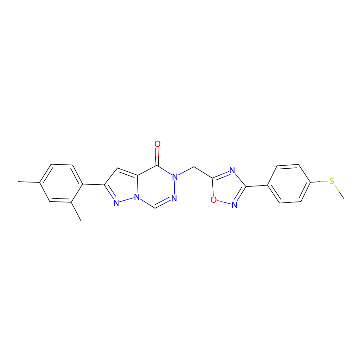 2-(2,4-dimethylphenyl)-5-({3-[4-(methylsulfanyl)phenyl]-1,2,4-oxadiazol-5-yl}methyl)-4H,5H-pyrazolo[1,5-d][1,2,4]triazin-4-one molecular structure, CAS 1251625-73-6