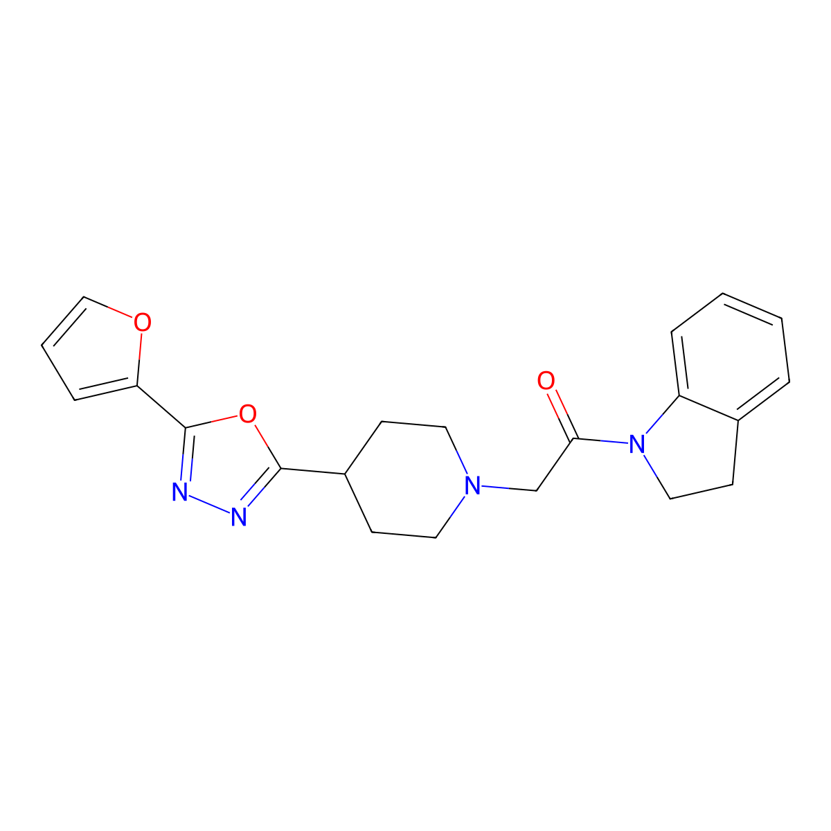 2-(4-(5-(Furan-2-yl)-1,3,4-oxadiazol-2-yl)piperidin-1-yl)-1-(indolin-1-yl)ethanone molecular structure, CAS 1251625-74-7