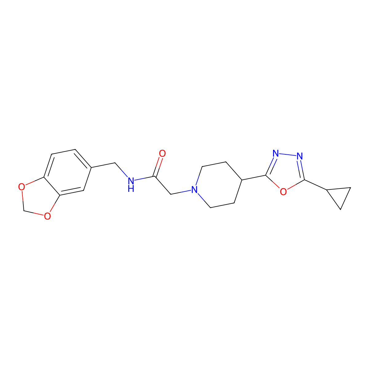 N-(benzo[d][1,3]dioxol-5-ylmethyl)-2-(4-(5-cyclopropyl-1,3,4-oxadiazol-2-yl)piperidin-1-yl)acetamide molecular structure, CAS 1251625-82-7