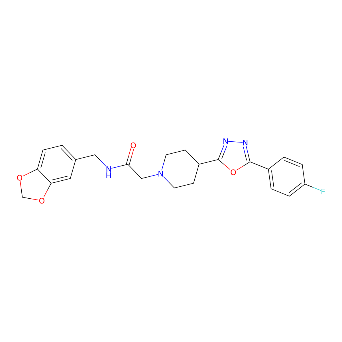N-(benzo[d][1,3]dioxol-5-ylmethyl)-2-(4-(5-(4-fluorophenyl)-1,3,4-oxadiazol-2-yl)piperidin-1-yl)acetamide molecular structure, CAS 1251625-89-4