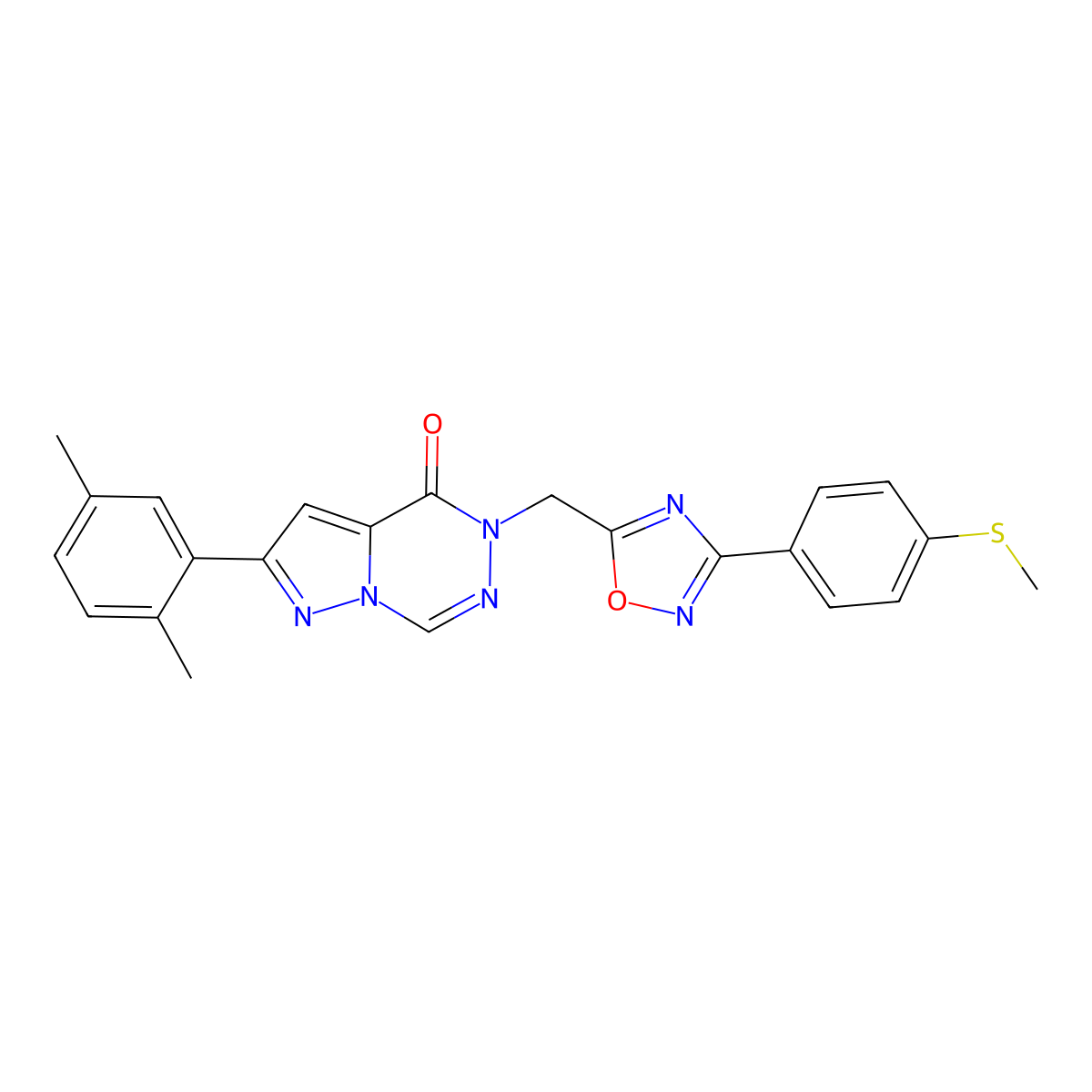 2-(2,5-dimethylphenyl)-5-({3-[4-(methylsulfanyl)phenyl]-1,2,4-oxadiazol-5-yl}methyl)-4H,5H-pyrazolo[1,5-d][1,2,4]triazin-4-one molecular structure, CAS 1251625-93-0