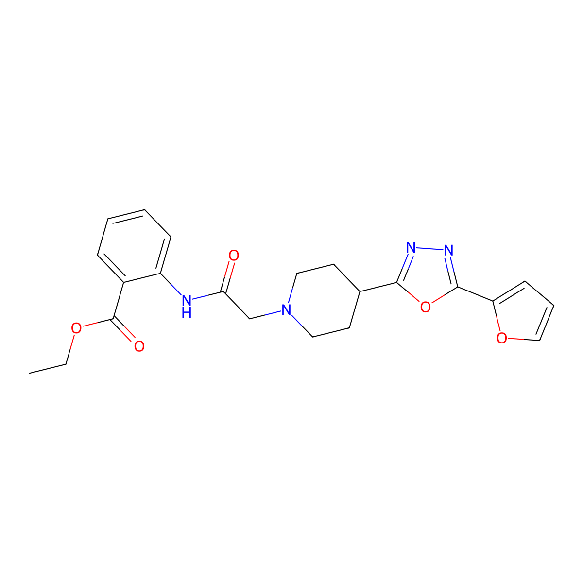 Ethyl 2-(2-{4-[5-(furan-2-yl)-1,3,4-oxadiazol-2-yl]piperidin-1-yl}acetamido)benzoate molecular structure, CAS 1251626-05-7