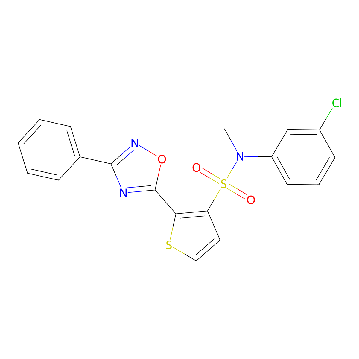 N-(3-chlorophenyl)-N-methyl-2-(3-phenyl-1,2,4-oxadiazol-5-yl)thiophene-3-sulfonamide molecular structure, CAS 1251626-10-4
