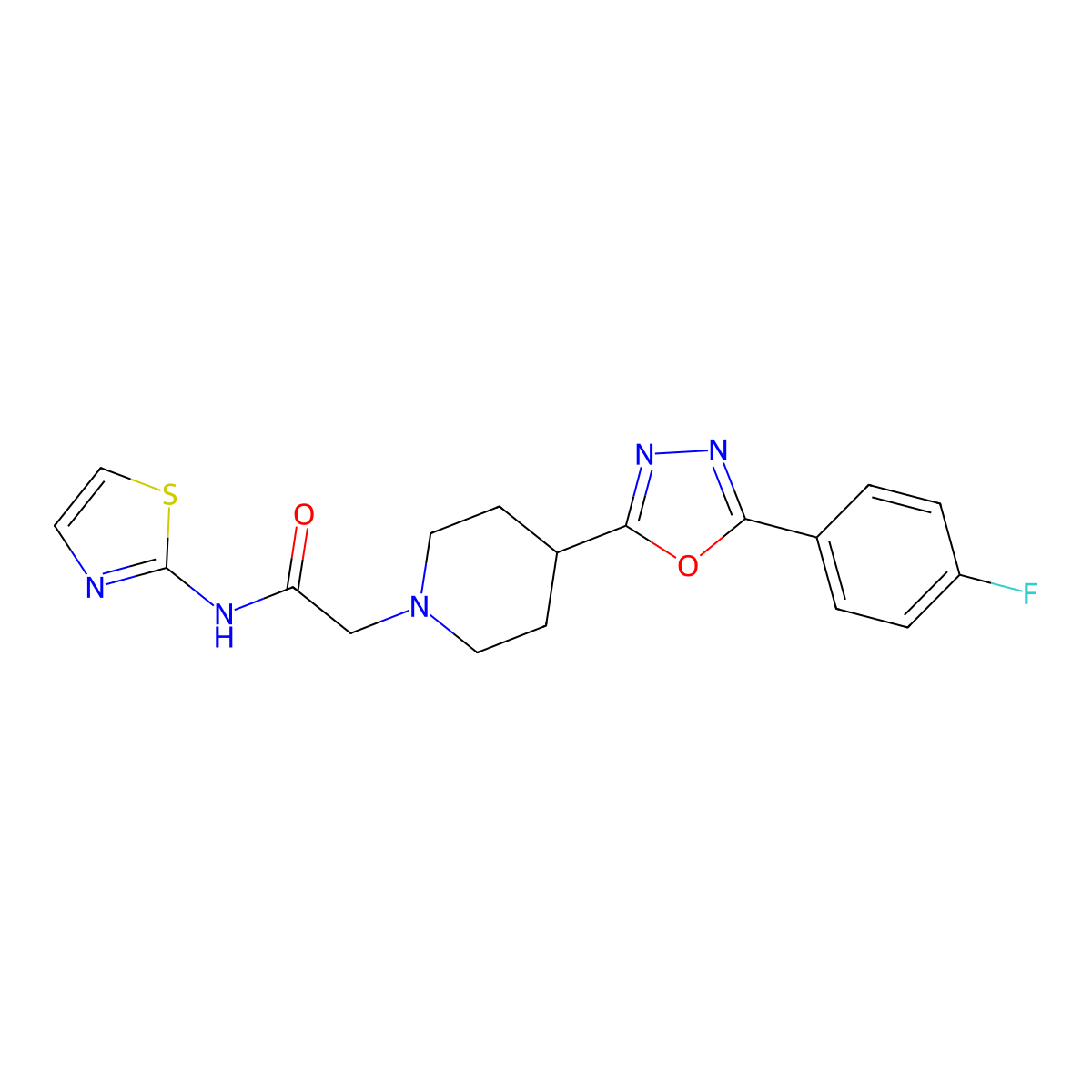 2-(4-(5-(4-fluorophenyl)-1,3,4-oxadiazol-2-yl)piperidin-1-yl)-N-(thiazol-2-yl)acetamide molecular structure, CAS 1251626-12-6