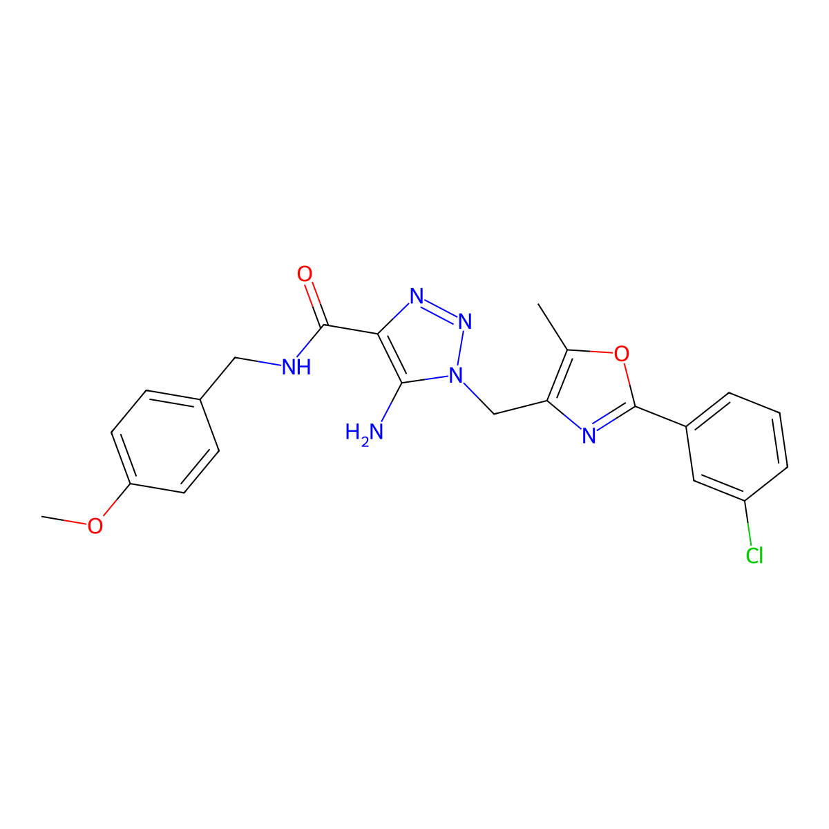 5-amino-1-{[2-(3-chlorophenyl)-5-methyl-1,3-oxazol-4-yl]methyl}-N-[(4-methoxyphenyl)methyl]-1H-1,2,3-triazole-4-carboxamide molecular structure, CAS 1251626-15-9