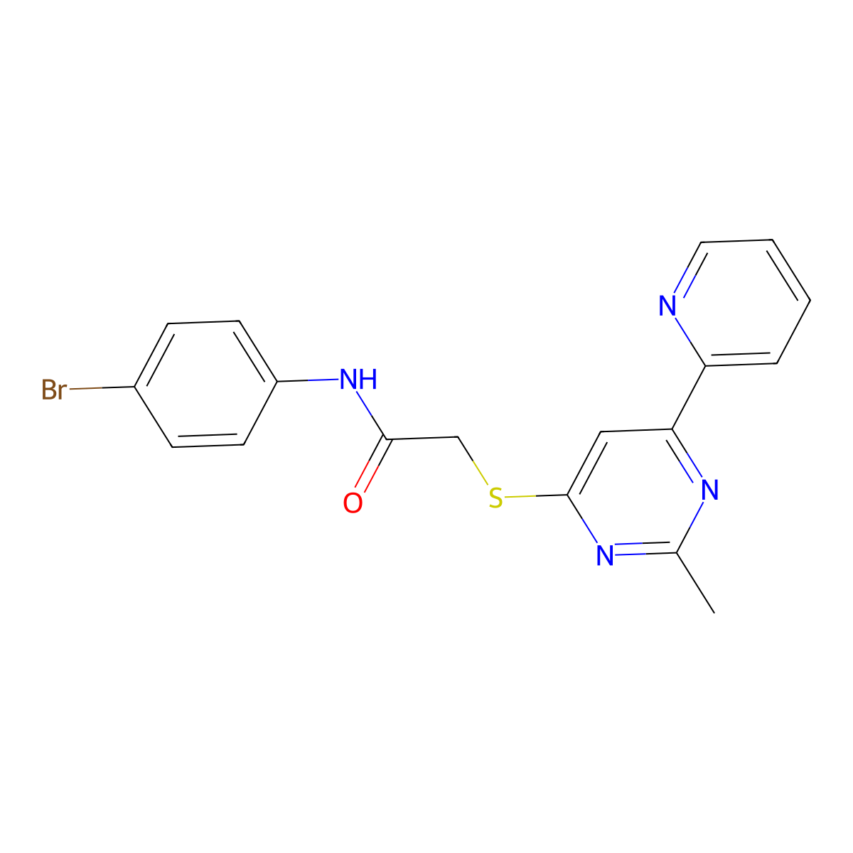 N-(4-bromophenyl)-2-((2-methyl-6-(pyridin-2-yl)pyrimidin-4-yl)thio)acetamide molecular structure, CAS 1251626-25-1