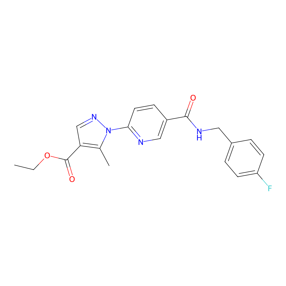 ethyl 1-(5-((4-fluorobenzyl)carbamoyl)pyridin-2-yl)-5-methyl-1H-pyrazole-4-carboxylate molecular structure, CAS 1251626-27-3