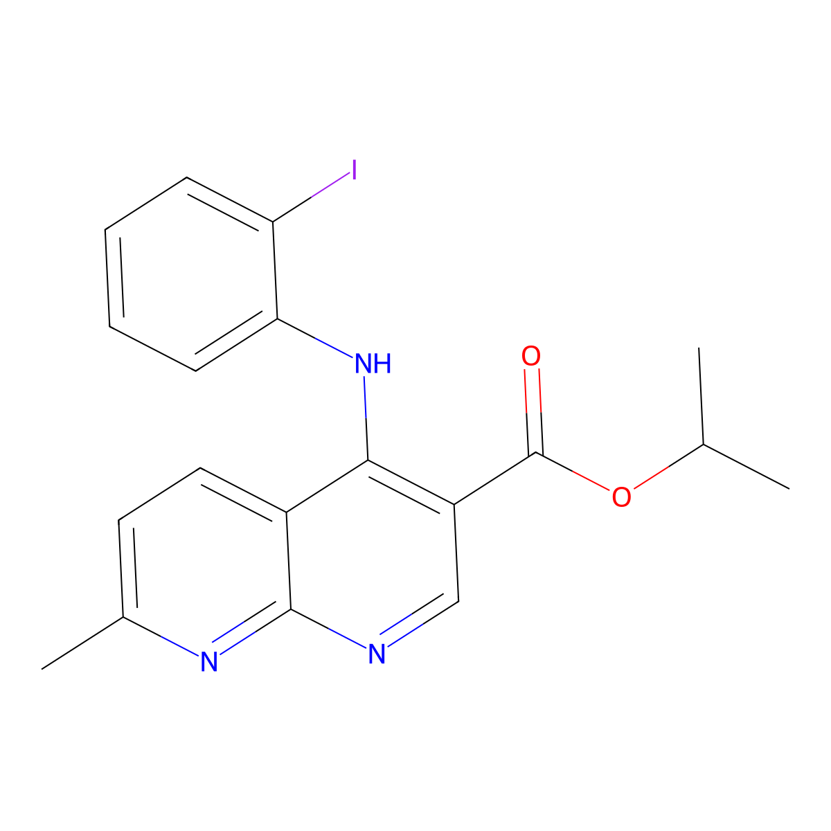 Isopropyl 4-((2-iodophenyl)amino)-7-methyl-1,8-naphthyridine-3-carboxylate molecular structure, CAS 1251626-29-5