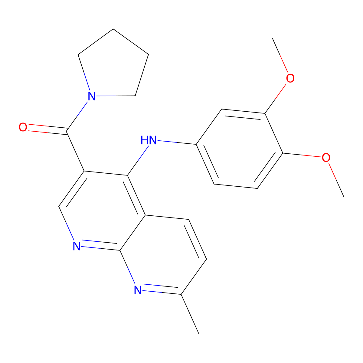 (4-((3,4-Dimethoxyphenyl)amino)-7-methyl-1,8-naphthyridin-3-yl)(pyrrolidin-1-yl)methanone molecular structure, CAS 1251626-35-3