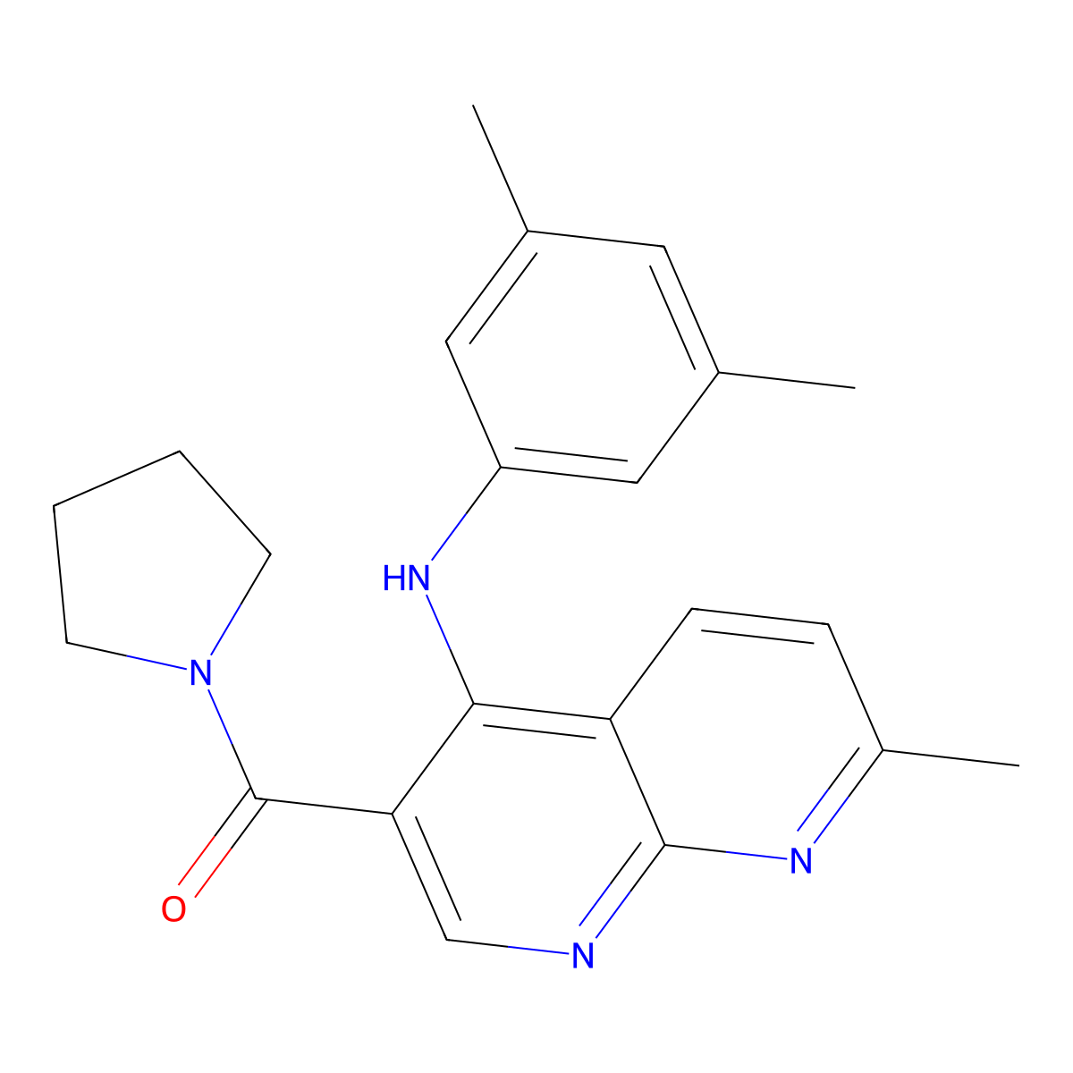 (4-((3,5-Dimethylphenyl)amino)-7-methyl-1,8-naphthyridin-3-yl)(pyrrolidin-1-yl)methanone molecular structure, CAS 1251626-40-0