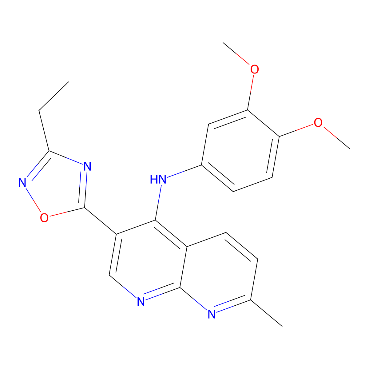 N-(3,4-dimethoxyphenyl)-3-(3-ethyl-1,2,4-oxadiazol-5-yl)-7-methyl-1,8-naphthyridin-4-amine molecular structure, CAS 1251626-51-3