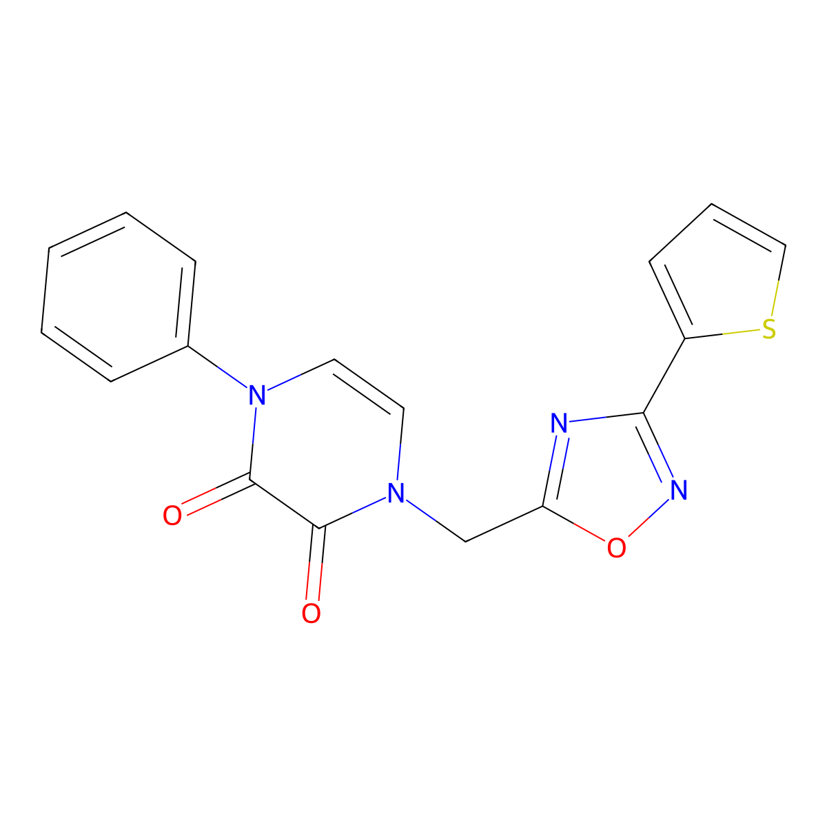 1-Phenyl-4-{[3-(thiophen-2-yl)-1,2,4-oxadiazol-5-yl]methyl}-1,2,3,4-tetrahydropyrazine-2,3-dione molecular structure, CAS 1251626-53-5