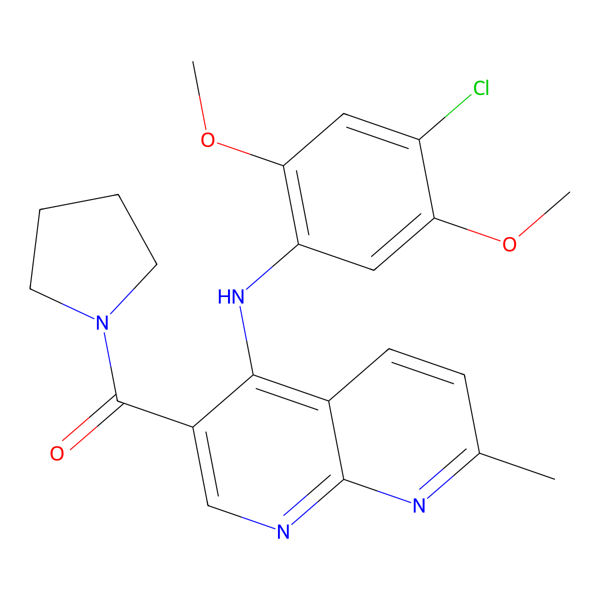 (4-((4-Chloro-2,5-dimethoxyphenyl)amino)-7-methyl-1,8-naphthyridin-3-yl)(pyrrolidin-1-yl)methanone molecular structure, CAS 1251626-54-6