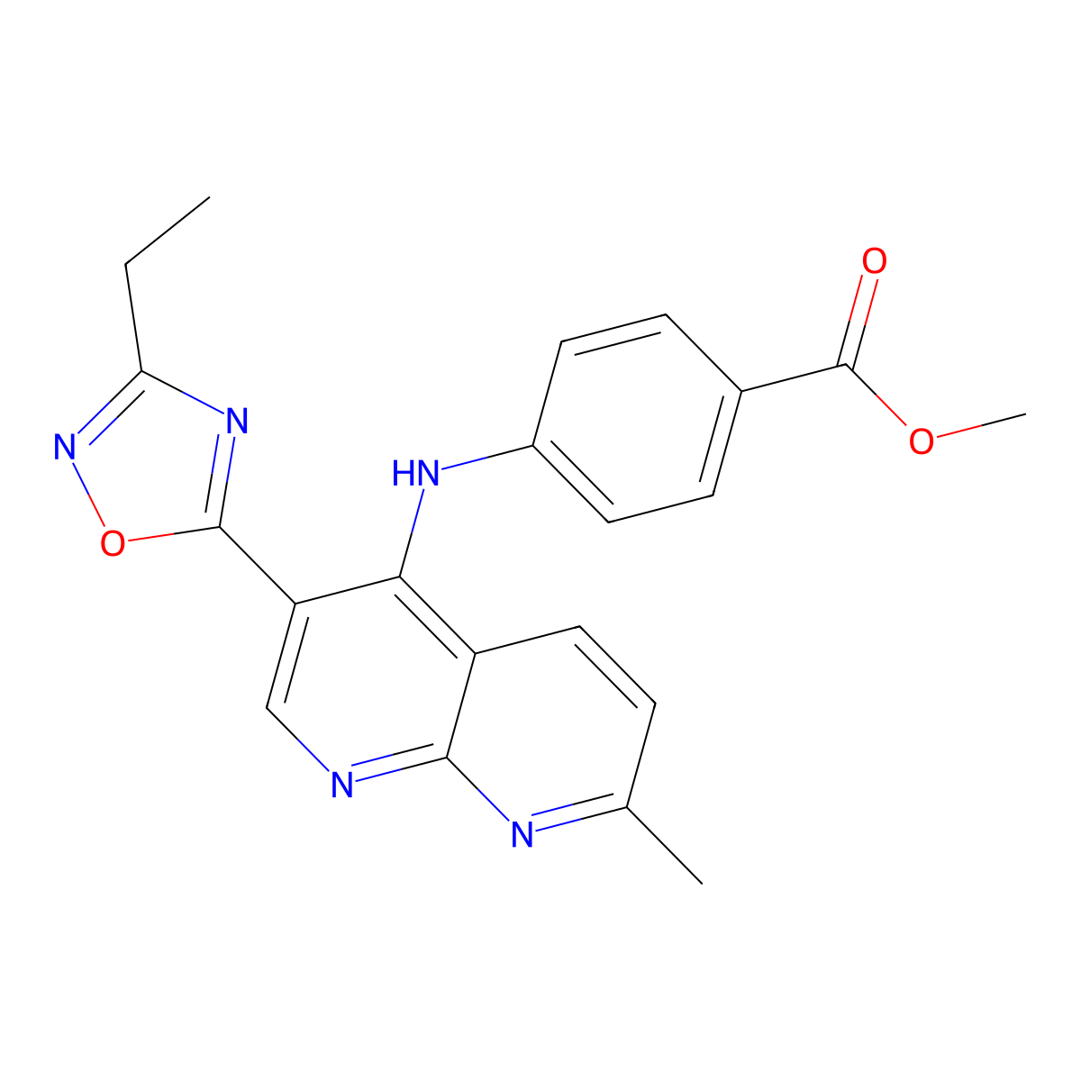 Methyl 4-{[3-(3-ethyl-1,2,4-oxadiazol-5-yl)-7-methyl-1,8-naphthyridin-4-yl]amino}benzoate molecular structure, CAS 1251626-58-0