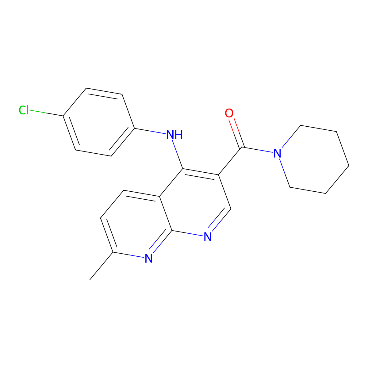 (4-((4-Chlorophenyl)amino)-7-methyl-1,8-naphthyridin-3-yl)(piperidin-1-yl)methanone molecular structure, CAS 1251626-68-2