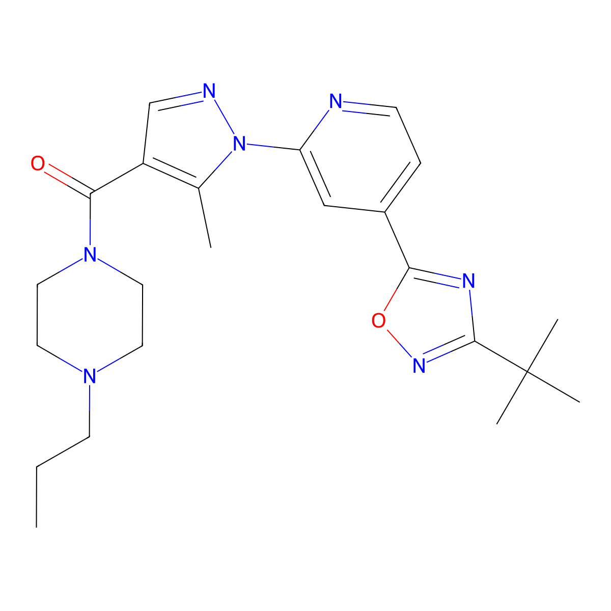 (1-{4-[3-(tert-butyl)-1,2,4-oxadiazol-5-yl]-2-pyridyl}-5-methyl-1H-pyrazol-4-yl)(4-propylpiperazino)methanone molecular structure, CAS 1251627-01-6