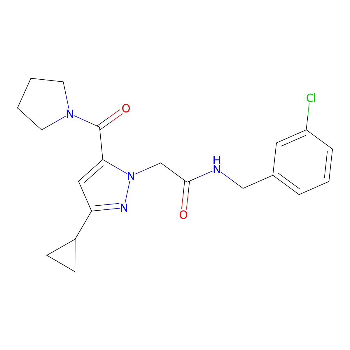 N~1~-(3-chlorobenzyl)-2-[3-cyclopropyl-5-(1-pyrrolidinylcarbonyl)-1H-pyrazol-1-yl]acetamide molecular structure, CAS 1251627-02-7