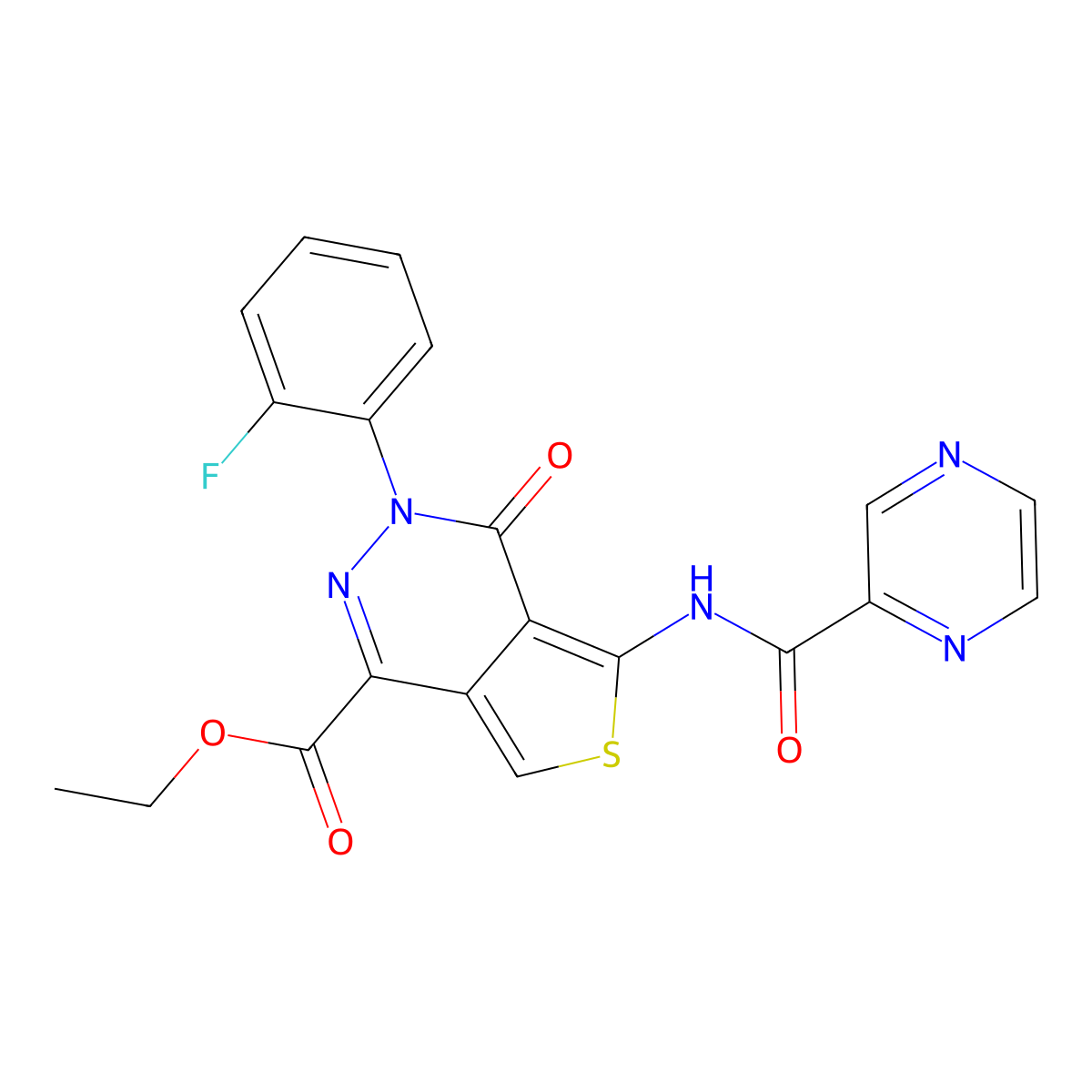 Ethyl 3-(2-fluorophenyl)-4-oxo-5-(pyrazine-2-carboxamido)-3,4-dihydrothieno[3,4-d]pyridazine-1-carboxylate molecular structure, CAS 1251627-19-6