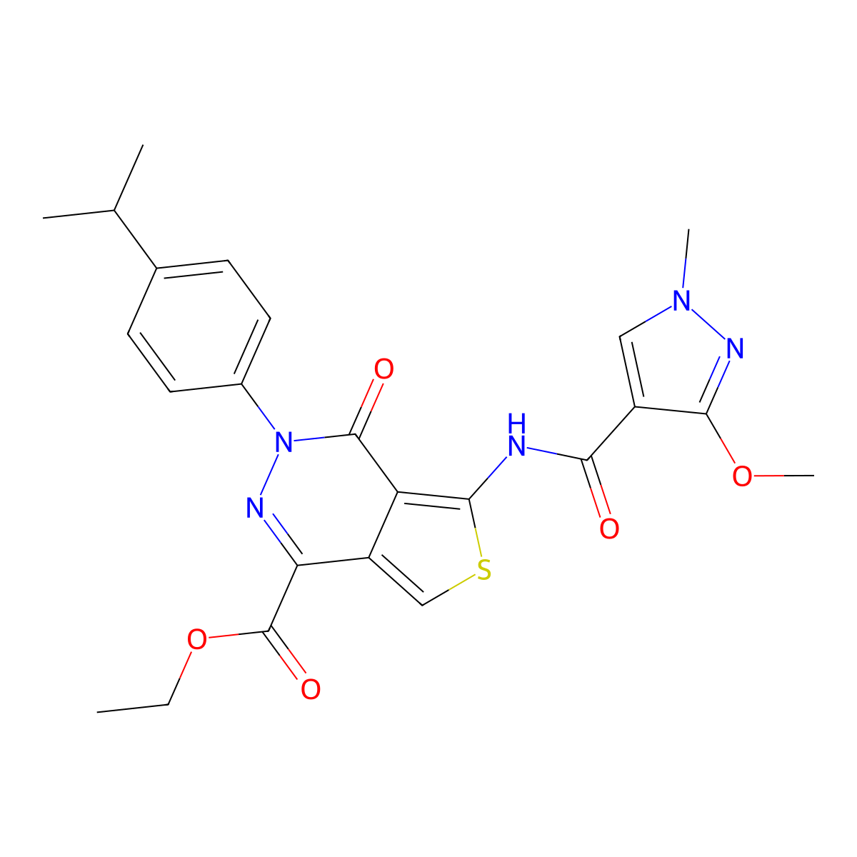 ethyl 3-(4-isopropylphenyl)-5-(3-methoxy-1-methyl-1H-pyrazole-4-carboxamido)-4-oxo-3,4-dihydrothieno[3,4-d]pyridazine-1-carboxylate molecular structure, CAS 1251627-24-3