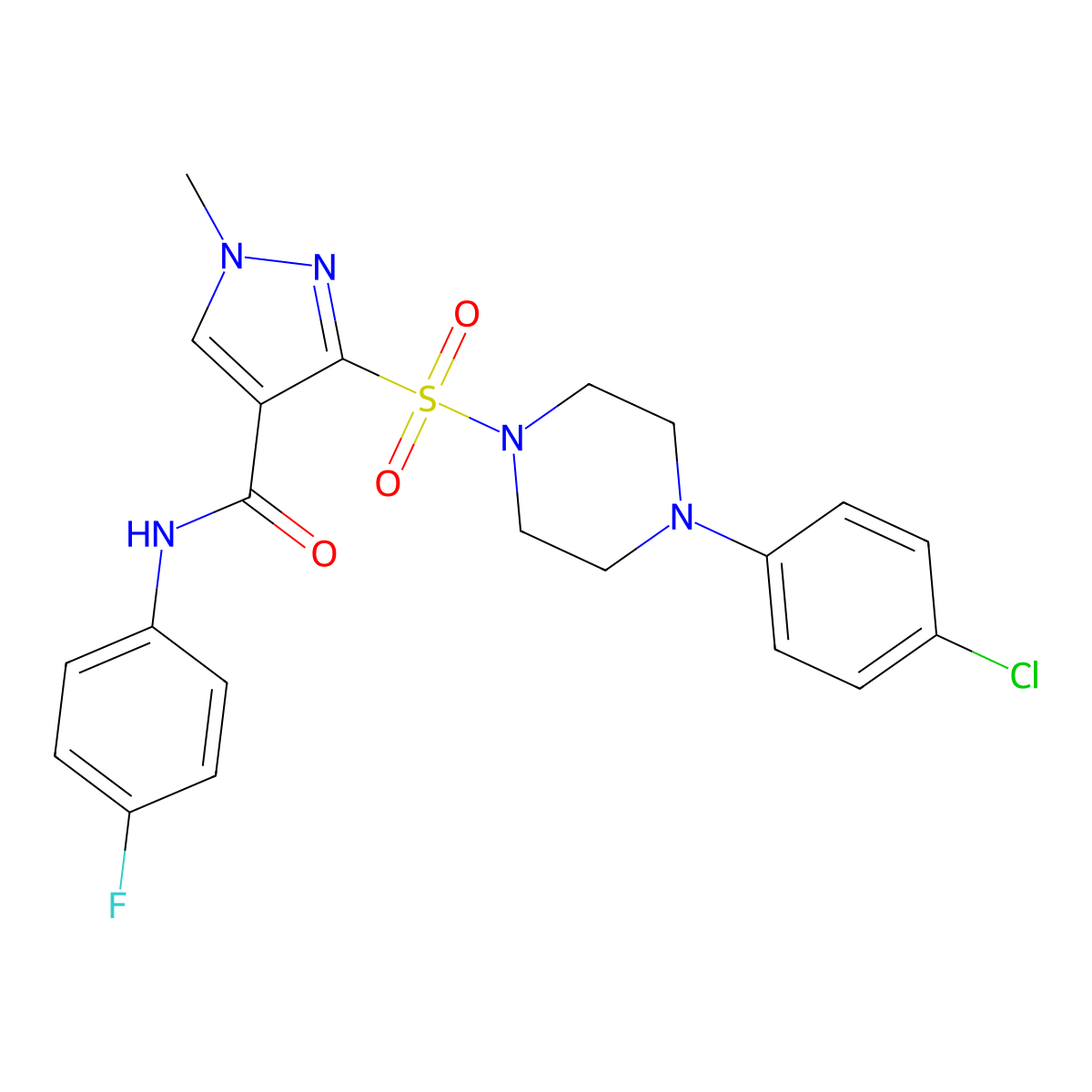 3-{[4-(4-chlorophenyl)piperazin-1-yl]sulfonyl}-N-(4-fluorophenyl)-1-methyl-1H-pyrazole-4-carboxamide molecular structure, CAS 1251627-29-8