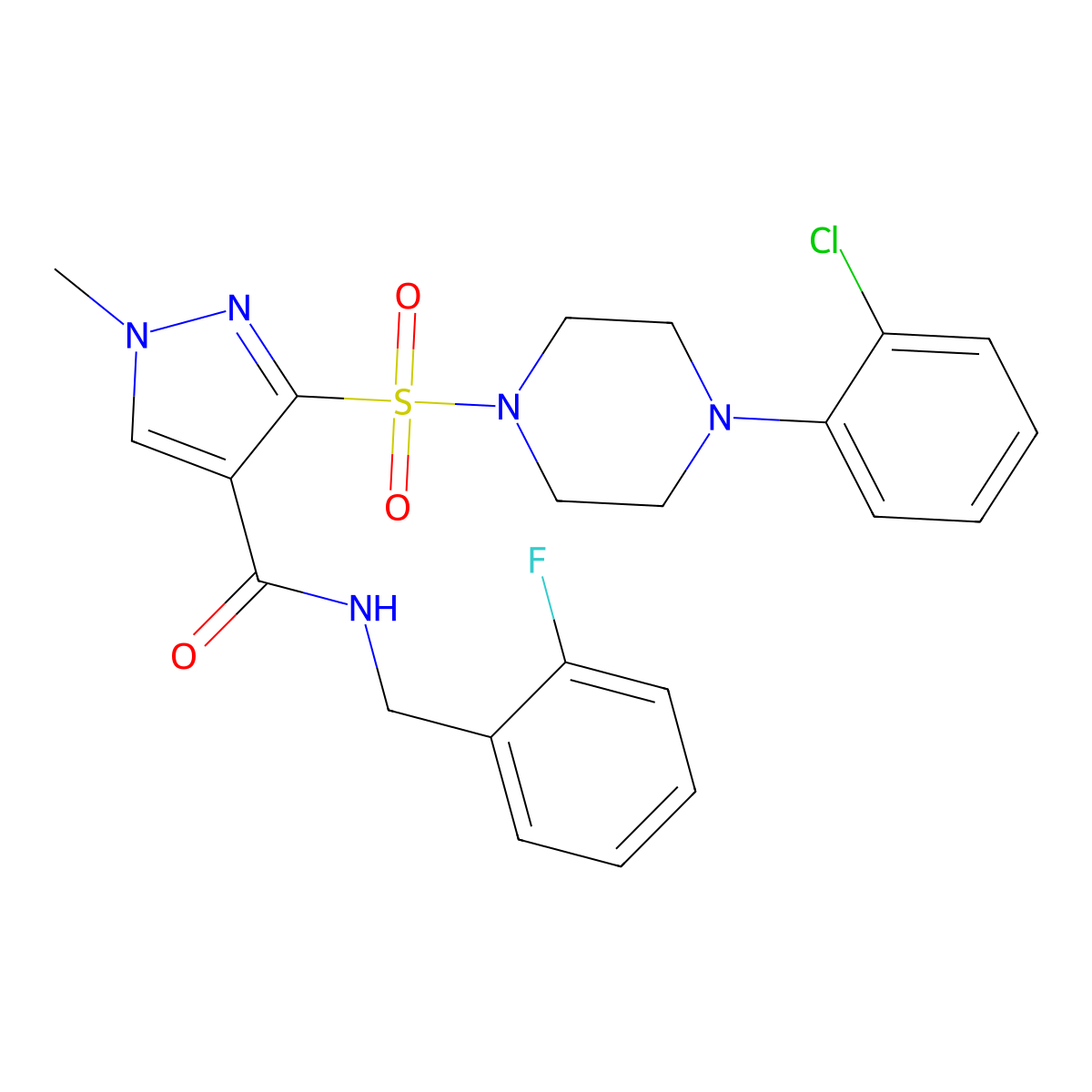 3-{[4-(2-chlorophenyl)piperazin-1-yl]sulfonyl}-N-[(2-fluorophenyl)methyl]-1-methyl-1H-pyrazole-4-carboxamide molecular structure, CAS 1251627-39-0