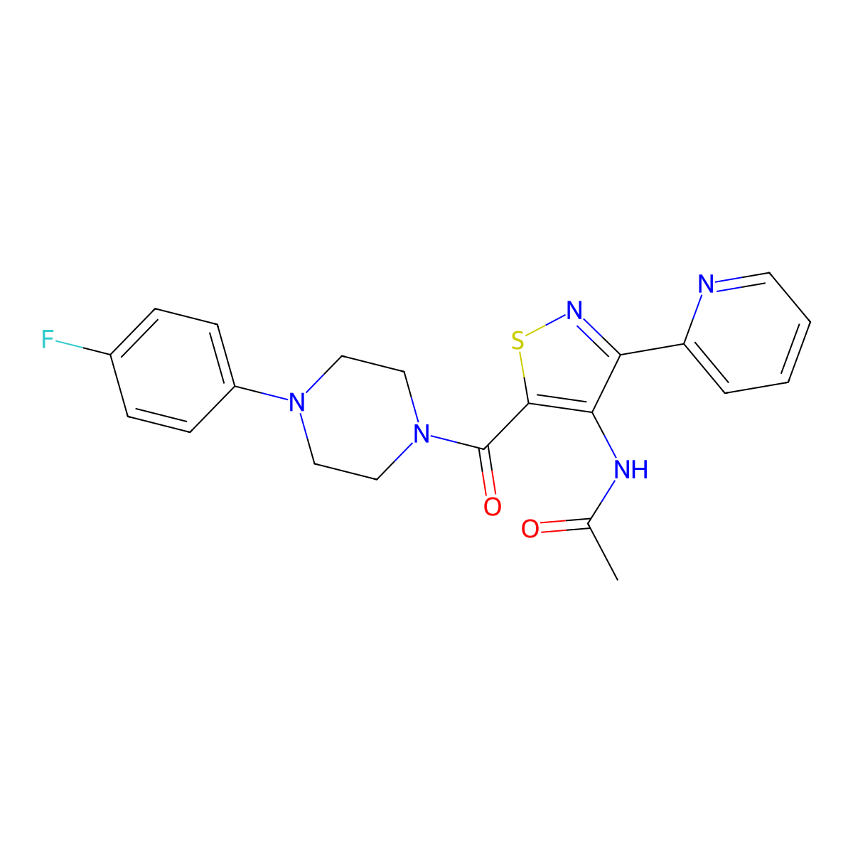 N-(5-(4-(4-fluorophenyl)piperazine-1-carbonyl)-3-(pyridin-2-yl)isothiazol-4-yl)acetamide molecular structure, CAS 1251627-40-3