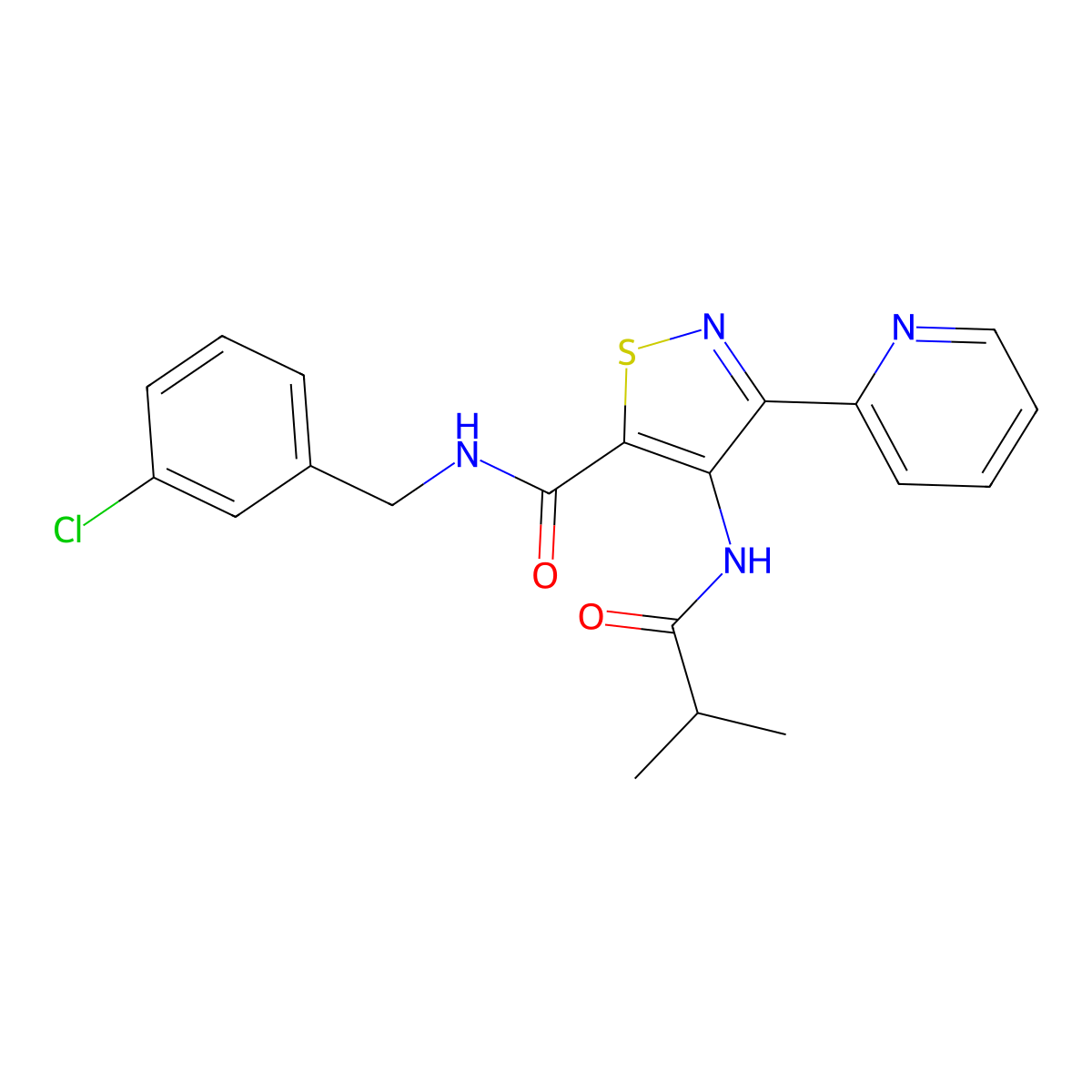 N-[(3-chlorophenyl)methyl]-4-(2-methylpropanamido)-3-(pyridin-2-yl)-1,2-thiazole-5-carboxamide molecular structure, CAS 1251627-54-9