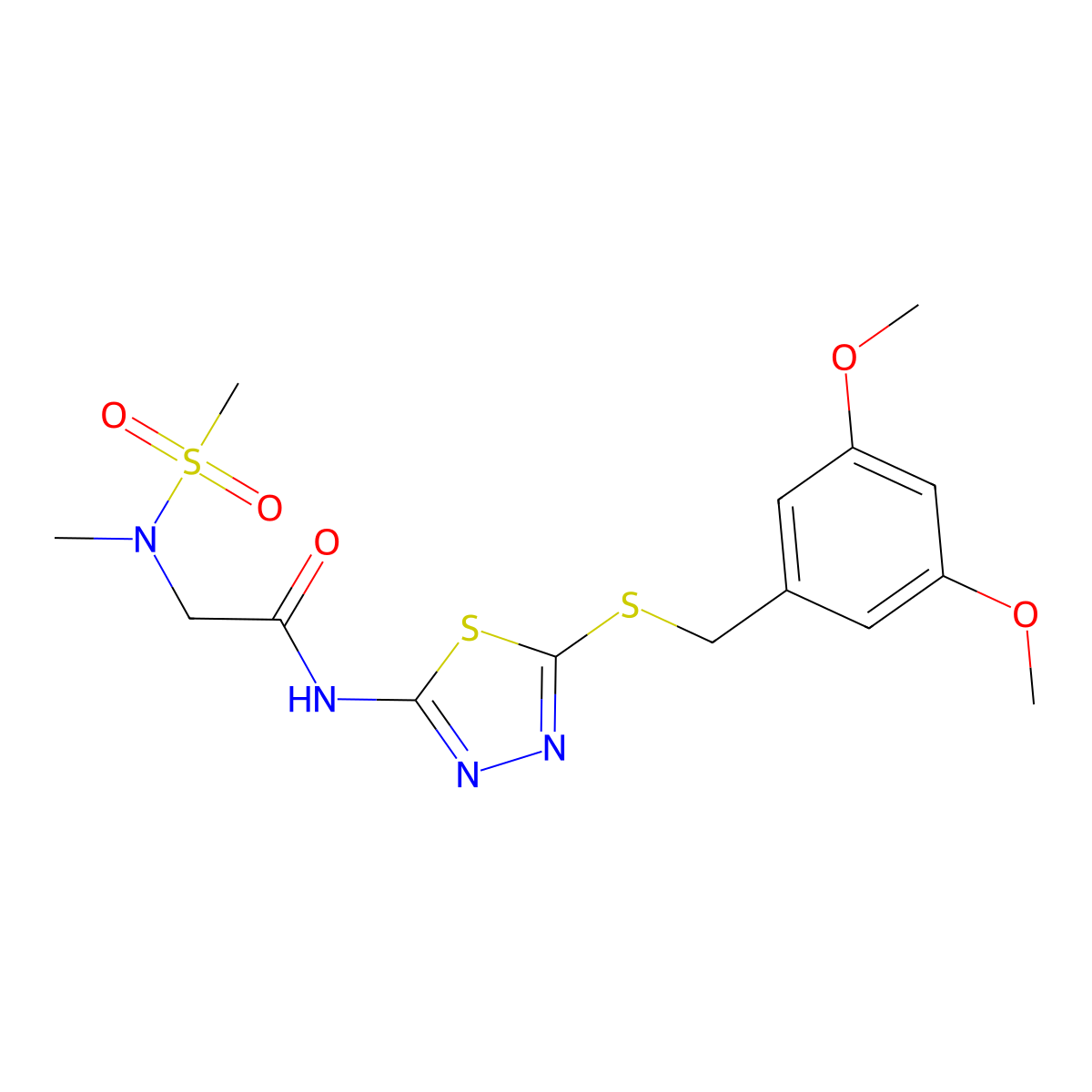 N-(5-{[(3,5-dimethoxyphenyl)methyl]sulfanyl}-1,3,4-thiadiazol-2-yl)-2-(N-methylmethanesulfonamido)acetamide molecular structure, CAS 1251627-66-3