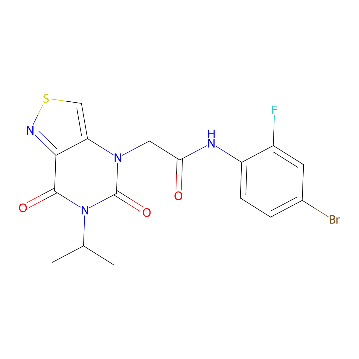 N-(4-bromo-2-fluorophenyl)-2-[5,7-dioxo-6-(propan-2-yl)-4H,5H,6H,7H-[1,2]thiazolo[4,3-d]pyrimidin-4-yl]acetamide molecular structure, CAS 1251627-70-9