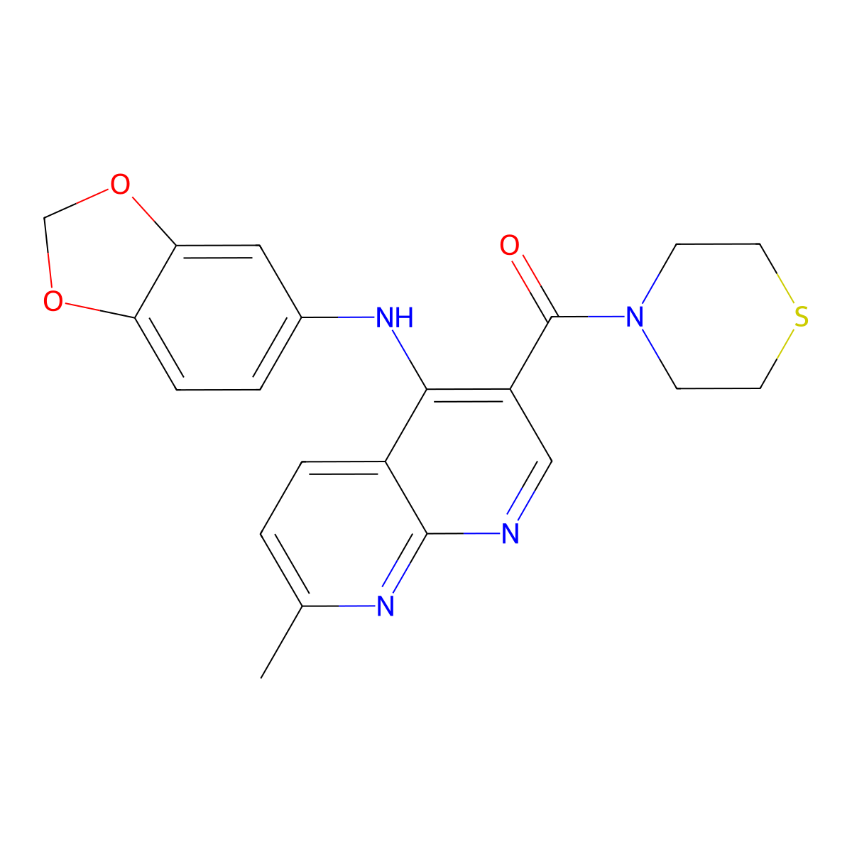 (4-(Benzo[d][1,3]dioxol-5-ylamino)-7-methyl-1,8-naphthyridin-3-yl)(thiomorpholino)methanone molecular structure, CAS 1251627-71-0