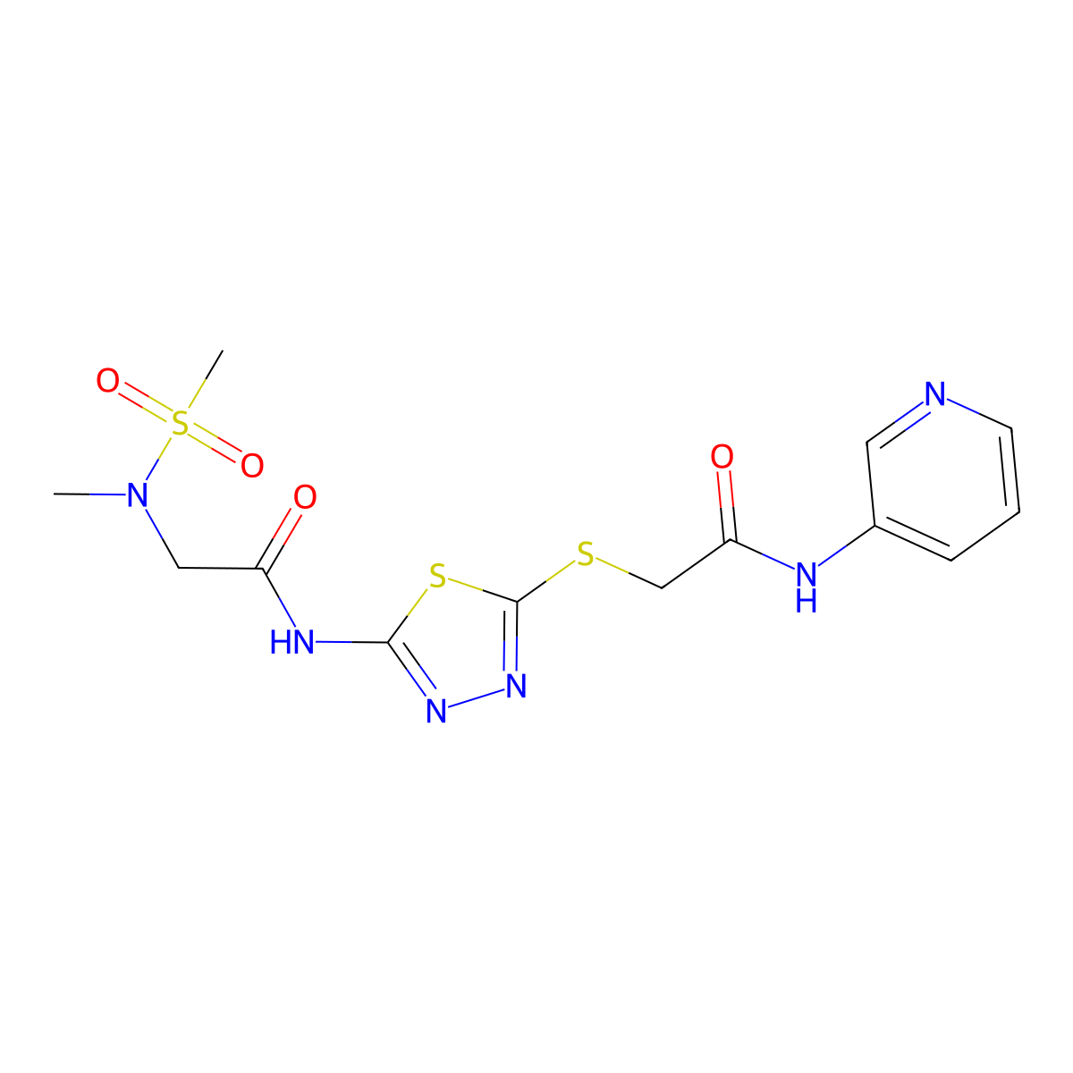 2-(N-methylmethanesulfonamido)-N-[5-({[(pyridin-3-yl)carbamoyl]methyl}sulfanyl)-1,3,4-thiadiazol-2-yl]acetamide molecular structure, CAS 1251627-73-2