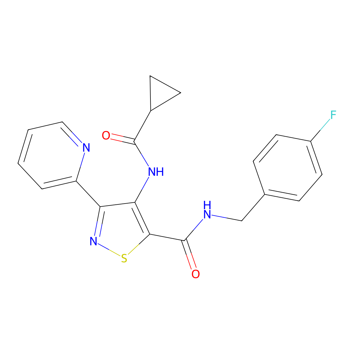 4-cyclopropaneamido-N-[(4-fluorophenyl)methyl]-3-(pyridin-2-yl)-1,2-thiazole-5-carboxamide molecular structure, CAS 1251627-79-8
