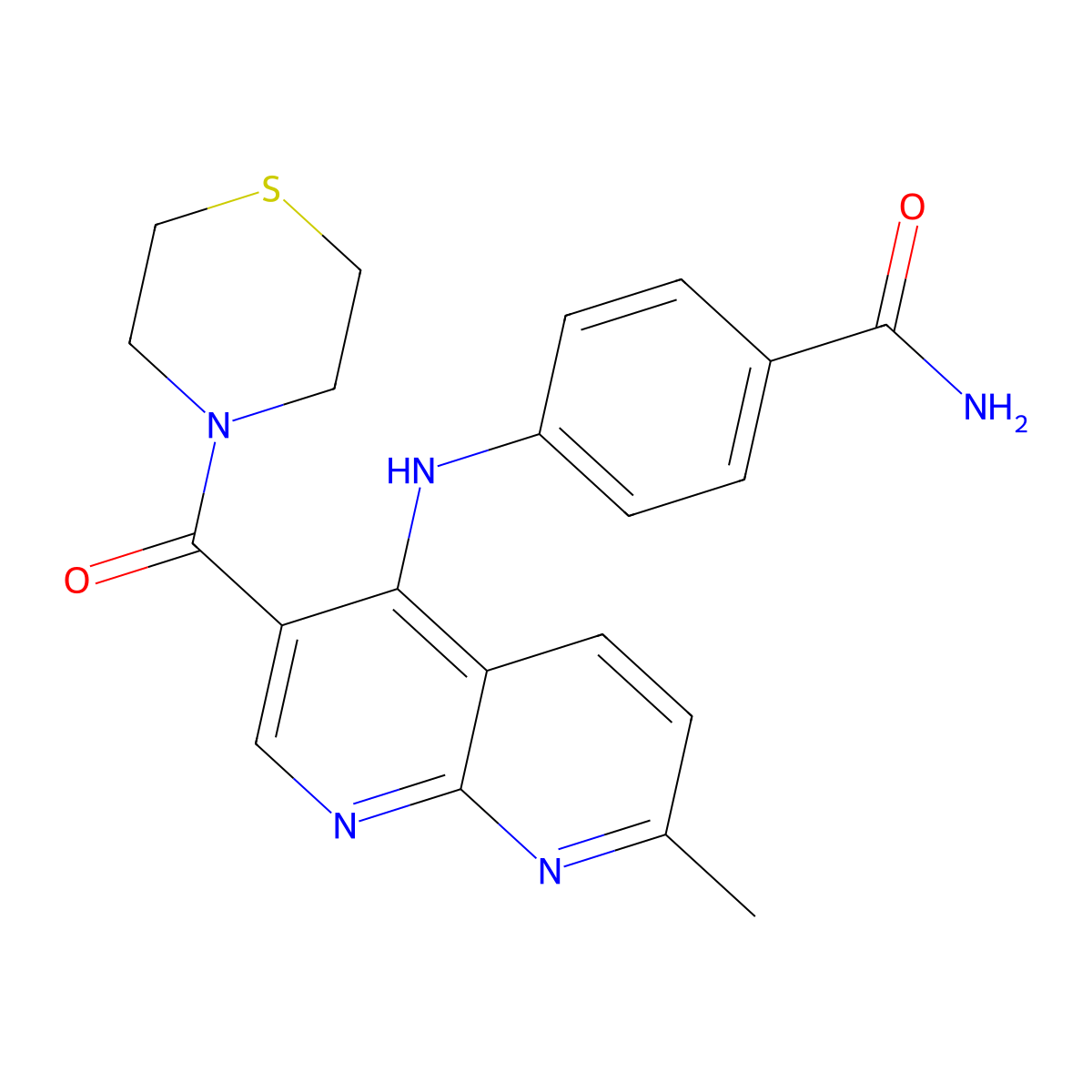 4-{[7-Methyl-3-(thiomorpholine-4-carbonyl)-1,8-naphthyridin-4-yl]amino}benzamide molecular structure, CAS 1251627-81-2