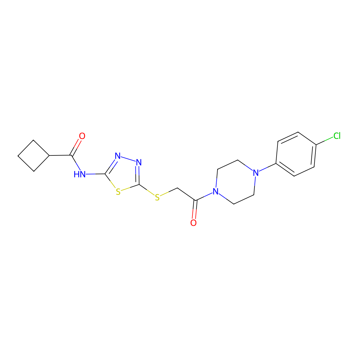 N-(5-((2-(4-(4-chlorophenyl)piperazin-1-yl)-2-oxoethyl)thio)-1,3,4-thiadiazol-2-yl)cyclobutanecarboxamide molecular structure, CAS 1251627-82-3