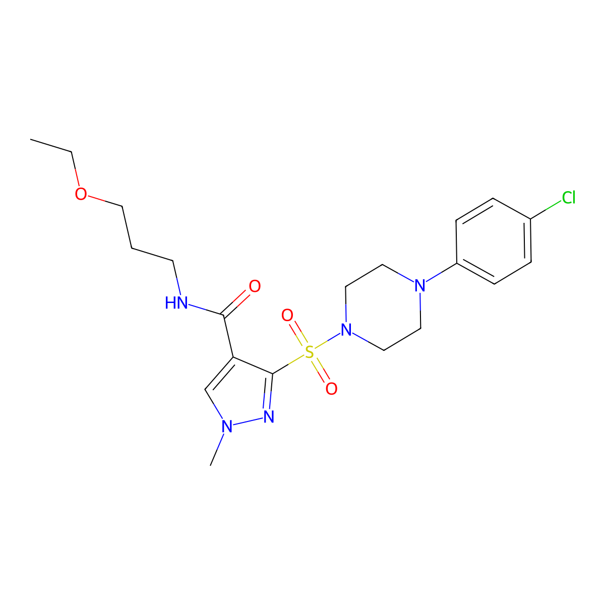 3-{[4-(4-chlorophenyl)piperazin-1-yl]sulfonyl}-N-(3-ethoxypropyl)-1-methyl-1H-pyrazole-4-carboxamide molecular structure, CAS 1251627-86-7