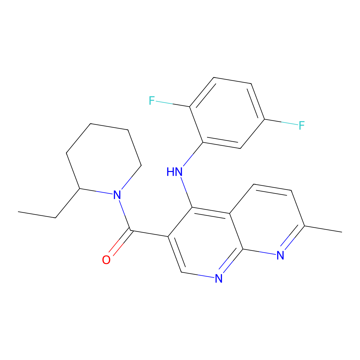 (4-((2,5-Difluorophenyl)amino)-7-methyl-1,8-naphthyridin-3-yl)(2-ethylpiperidin-1-yl)methanone molecular structure, CAS 1251627-96-9