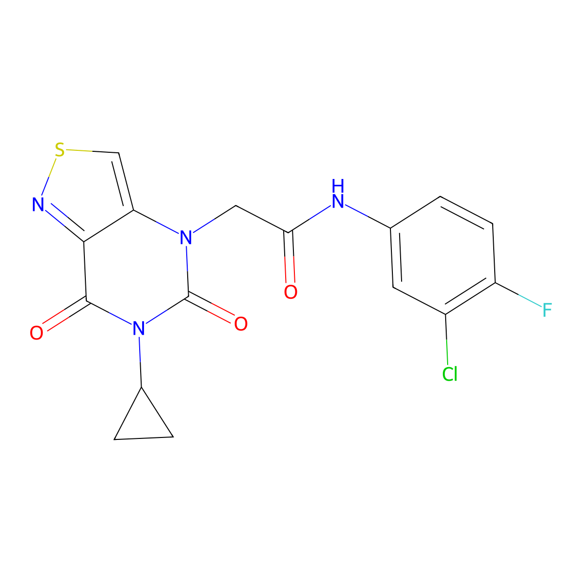 N-(3-chloro-4-fluorophenyl)-2-{6-cyclopropyl-5,7-dioxo-4H,5H,6H,7H-[1,2]thiazolo[4,3-d]pyrimidin-4-yl}acetamide molecular structure, CAS 1251627-99-2