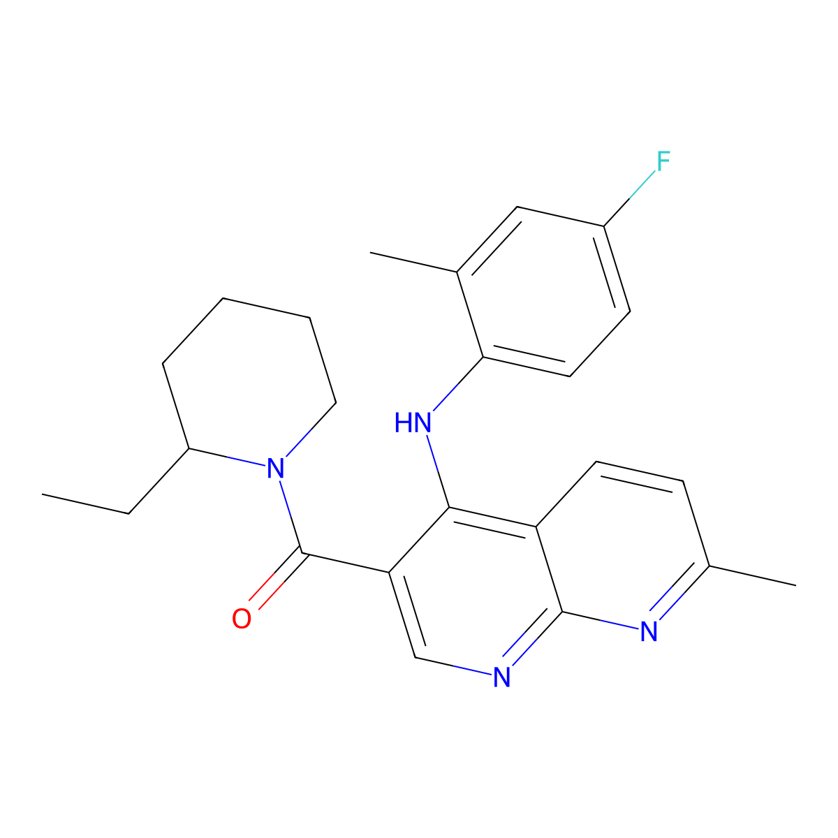(2-Ethylpiperidin-1-yl)(4-((4-fluoro-2-methylphenyl)amino)-7-methyl-1,8-naphthyridin-3-yl)methanone molecular structure, CAS 1251628-06-4