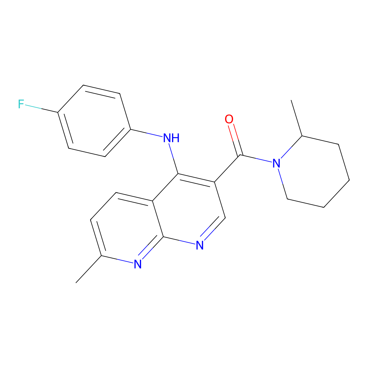 N-(4-fluorophenyl)-7-methyl-3-(2-methylpiperidine-1-carbonyl)-1,8-naphthyridin-4-amine molecular structure, CAS 1251628-14-4