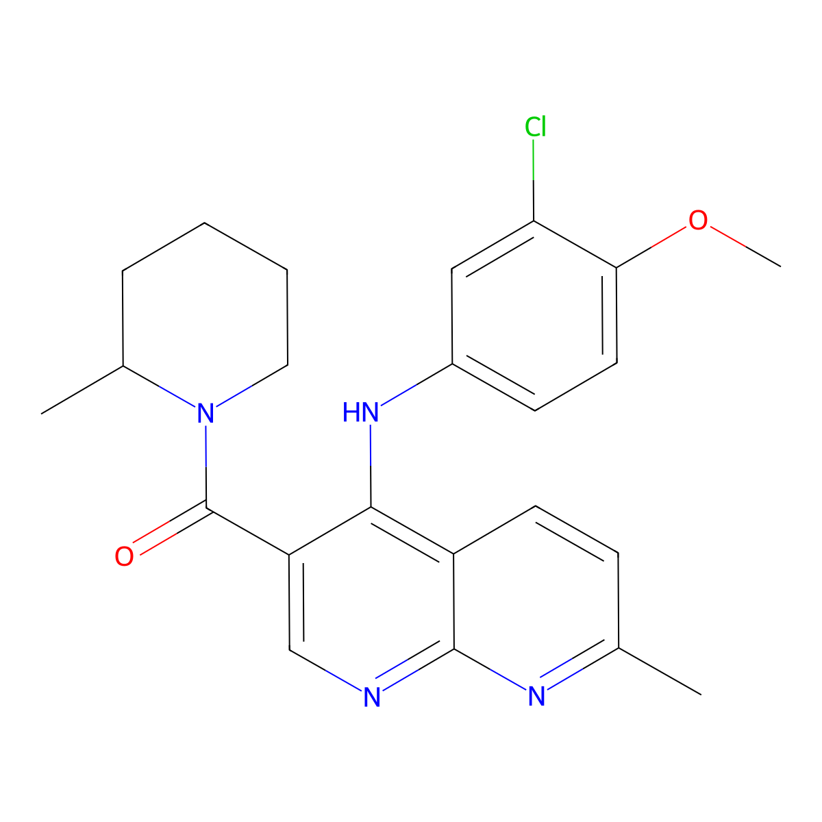 (4-((3-Chloro-4-methoxyphenyl)amino)-7-methyl-1,8-naphthyridin-3-yl)(2-methylpiperidin-1-yl)methanone molecular structure, CAS 1251628-26-8