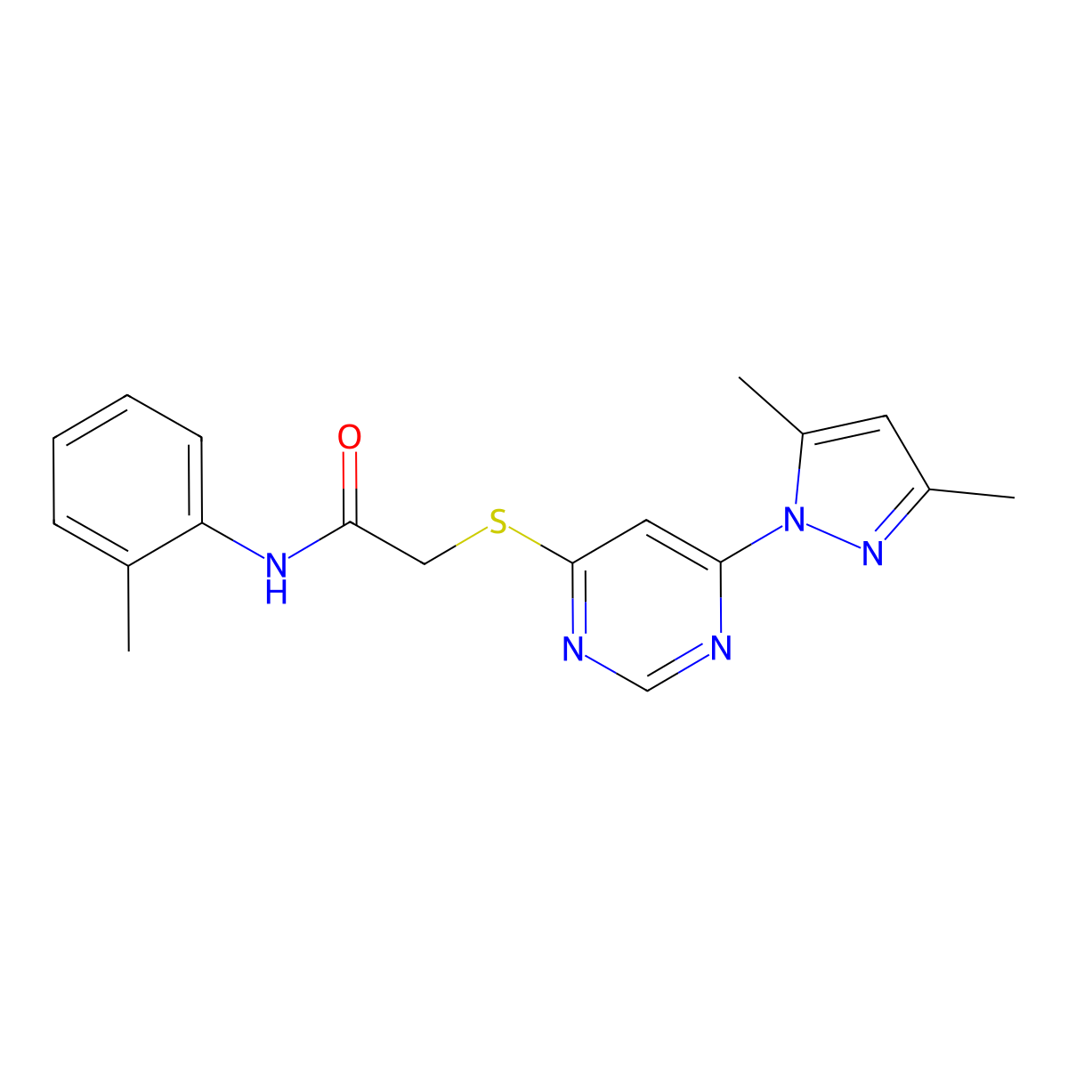 2-((6-(3,5-dimethyl-1H-pyrazol-1-yl)pyrimidin-4-yl)thio)-N-(o-tolyl)acetamide molecular structure, CAS 1251628-30-4