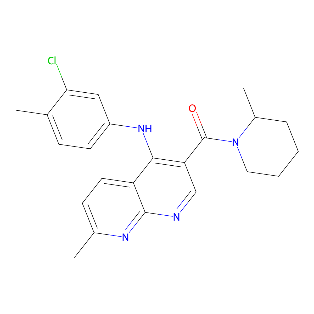 (4-((3-Chloro-4-methylphenyl)amino)-7-methyl-1,8-naphthyridin-3-yl)(2-methylpiperidin-1-yl)methanone molecular structure, CAS 1251628-35-9