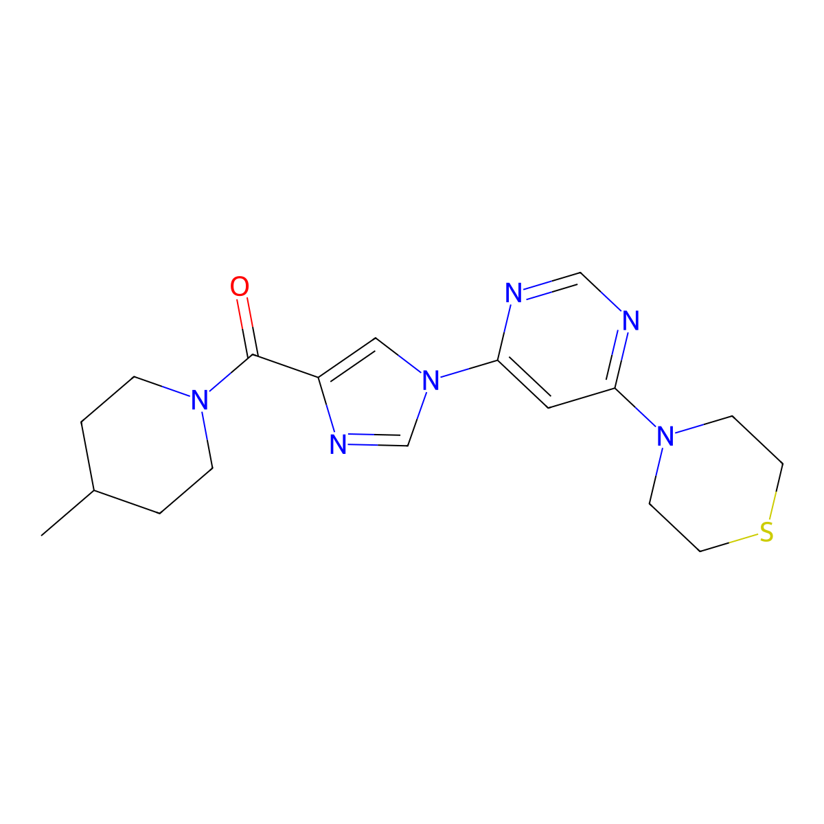 (4-methylpiperidin-1-yl)(1-(6-thiomorpholinopyrimidin-4-yl)-1H-imidazol-4-yl)methanone molecular structure, CAS 1251628-40-6