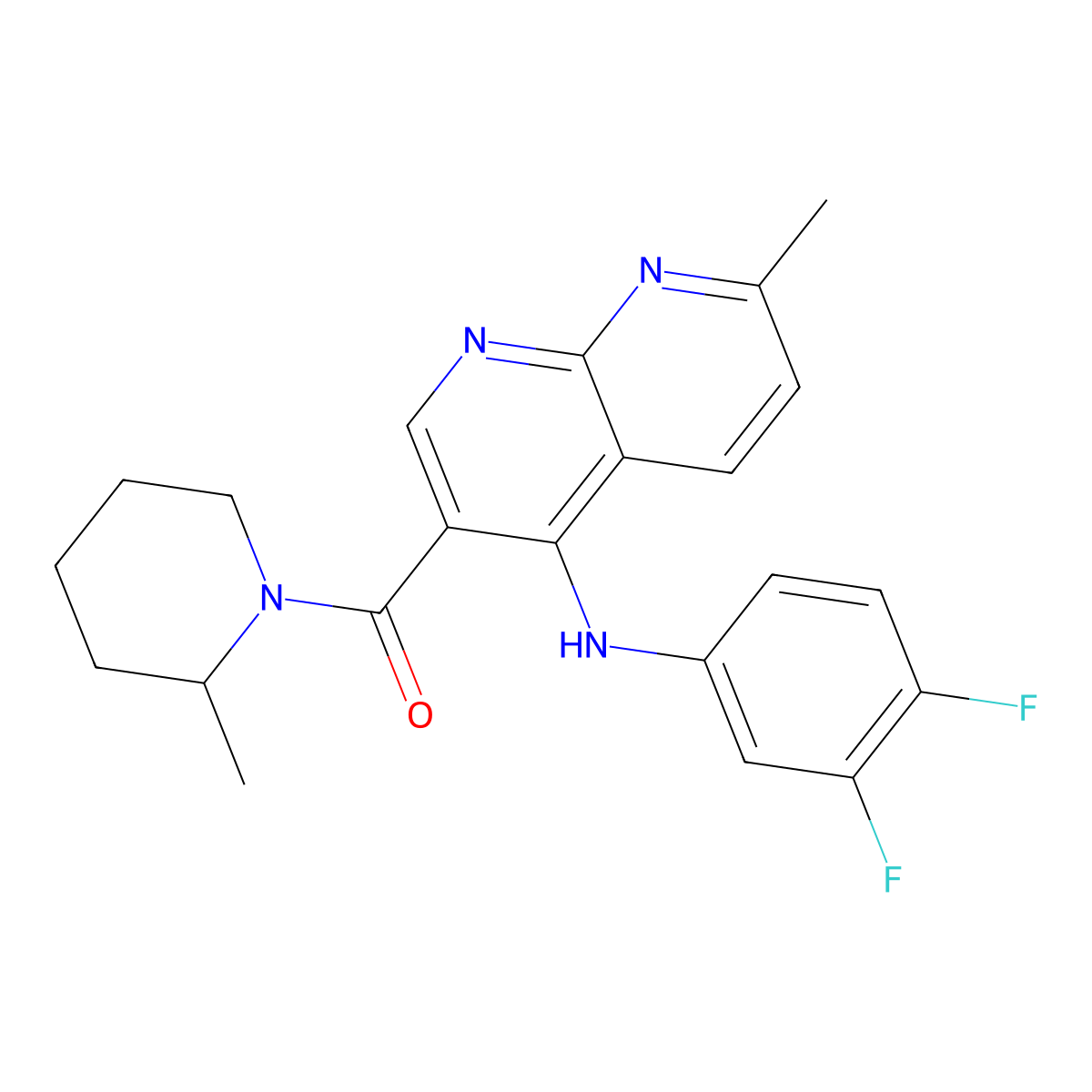 N-(3,4-difluorophenyl)-7-methyl-3-(2-methylpiperidine-1-carbonyl)-1,8-naphthyridin-4-amine molecular structure, CAS 1251628-42-8