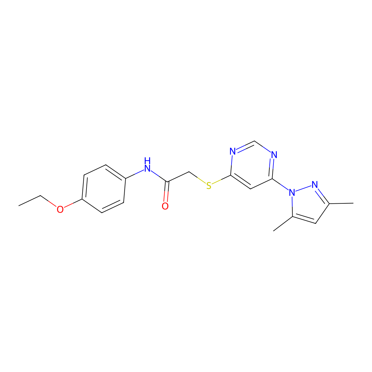 2-((6-(3,5-dimethyl-1H-pyrazol-1-yl)pyrimidin-4-yl)thio)-N-(4-ethoxyphenyl)acetamide molecular structure, CAS 1251628-43-9
