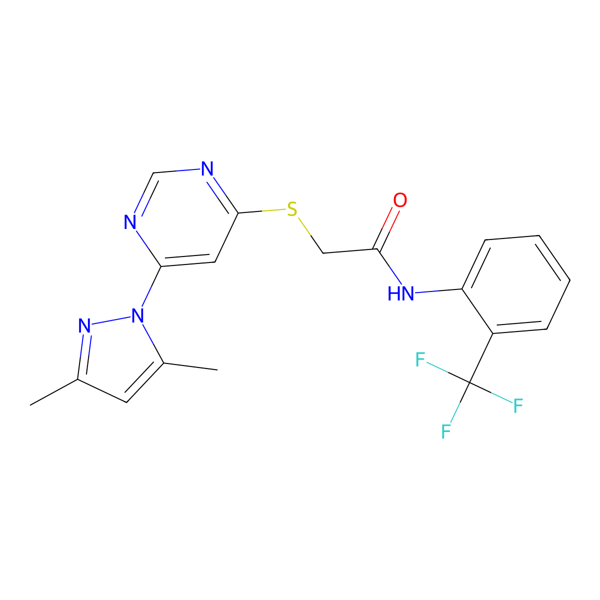 2-((6-(3,5-dimethyl-1H-pyrazol-1-yl)pyrimidin-4-yl)thio)-N-(2-(trifluoromethyl)phenyl)acetamide molecular structure, CAS 1251628-54-2