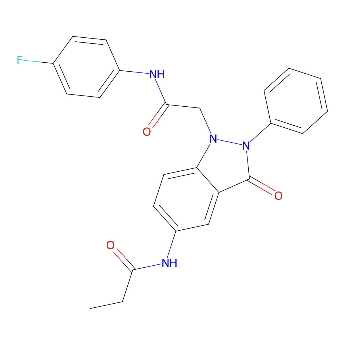 N-(1-(2-((4-fluorophenyl)amino)-2-oxoethyl)-3-oxo-2-phenyl-2,3-dihydro-1H-indazol-5-yl)propionamide molecular structure, CAS 1251628-60-0
