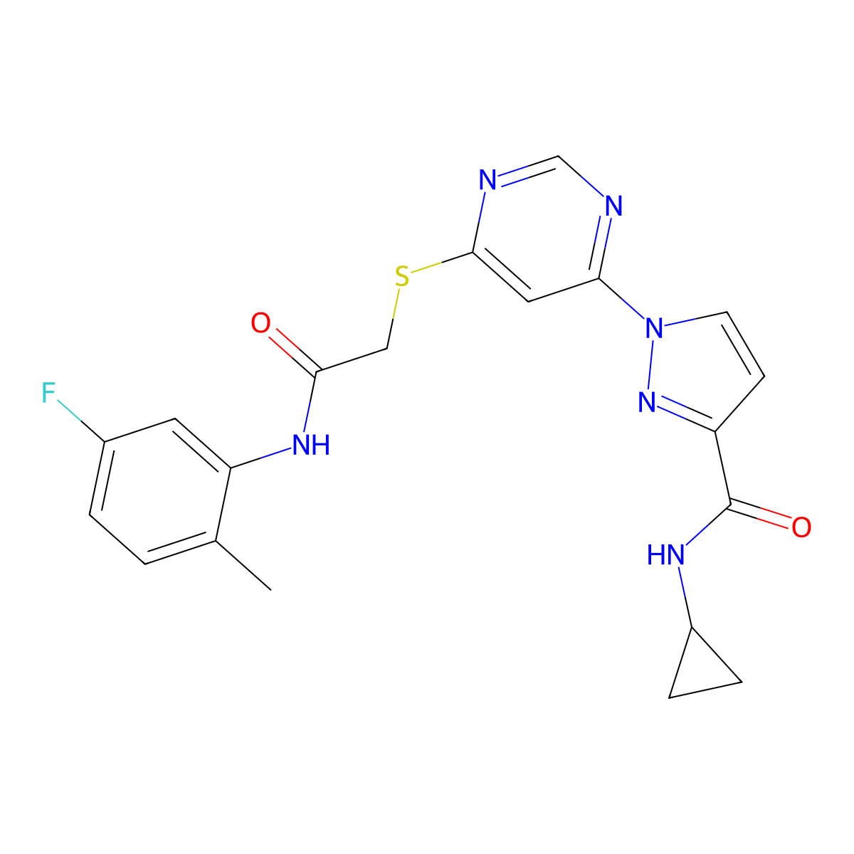 N-cyclopropyl-1-[6-({[(5-fluoro-2-methylphenyl)carbamoyl]methyl}sulfanyl)pyrimidin-4-yl]-1H-pyrazole-3-carboxamide molecular structure, CAS 1251628-70-2
